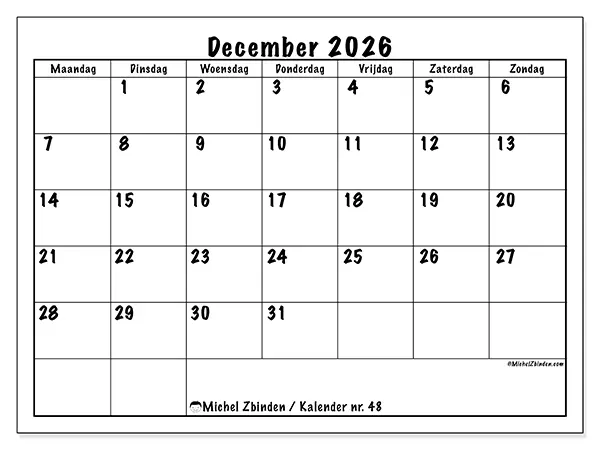 Kalender december 2026 om af te drukken - Dagelijkse planning