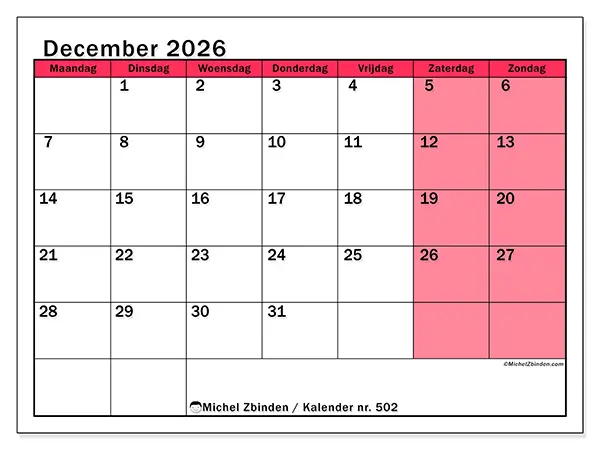 Kalender december 2026 om af te drukken - Heldere organisatie