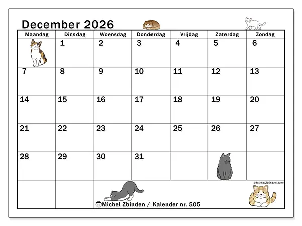 Kalender december 2026 om af te drukken - Kattenleven