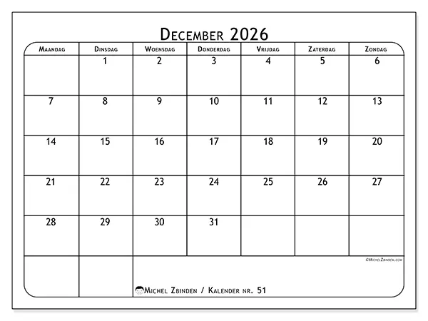 Kalender december 2026 om af te drukken - Maaltijdplanner