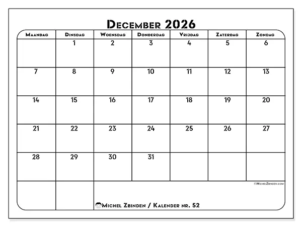 Kalender december 2026 om af te drukken - Professionele organisatie