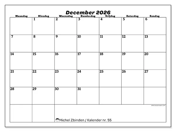 Kalender december 2026 om af te drukken - Organisatie van vrije tijd