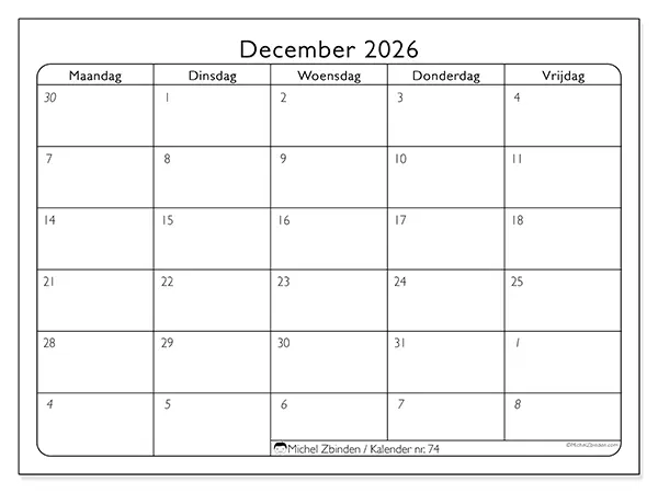 Kalender december 2026 om af te drukken - Werkorganisatie