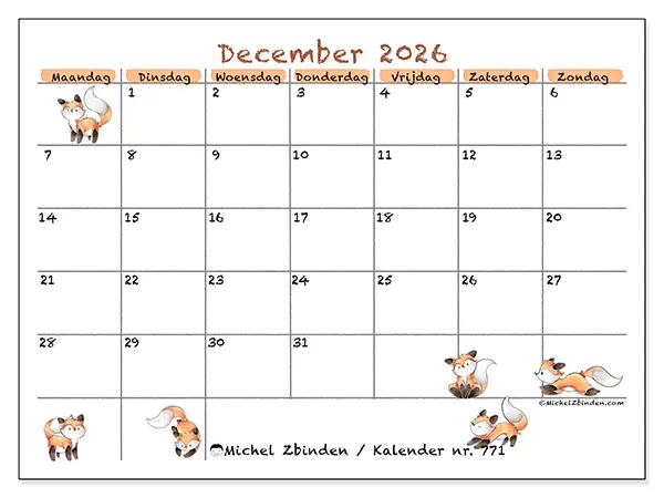 Kalender december 2026 om af te drukken - Vossentekeningen