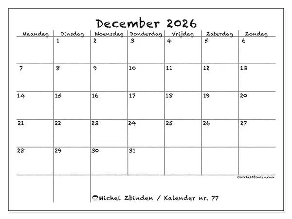 Kalender december 2026 om af te drukken - School en familie