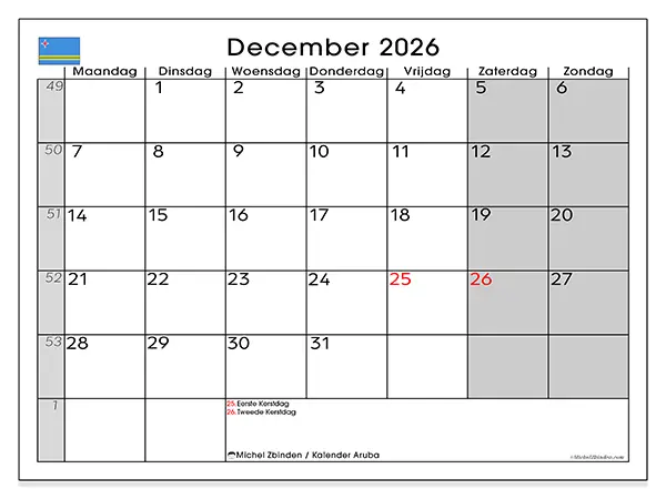 Kalender december 2026 om af te drukken - Aruba