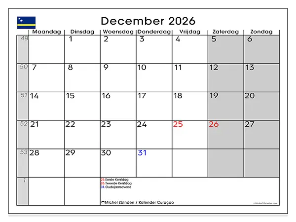 Kalender december 2026 om af te drukken - Curaçao