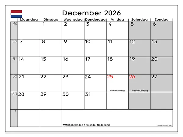 Kalender december 2026 om af te drukken - Nederland