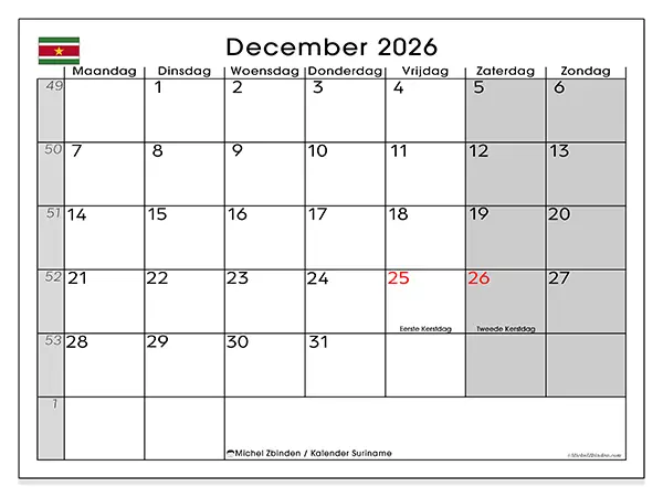 Kalender december 2026 om af te drukken - Suriname