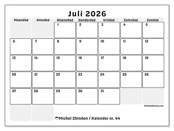 Kalender juli 2026 om af te drukken - Gestructureerde planning