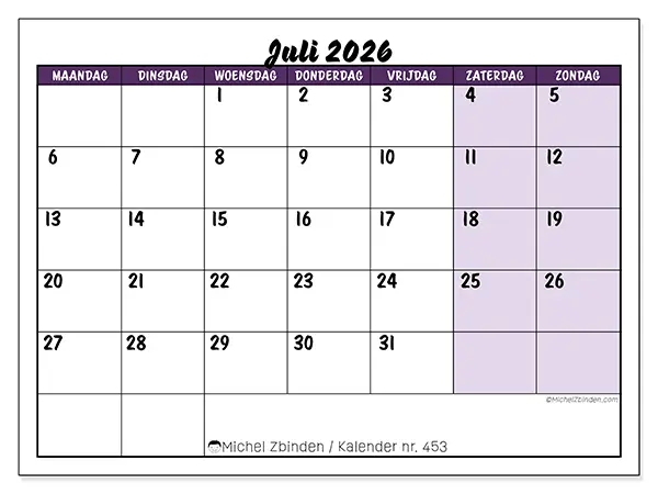 Kalender juli 2026 om af te drukken - Kleurrijke taken