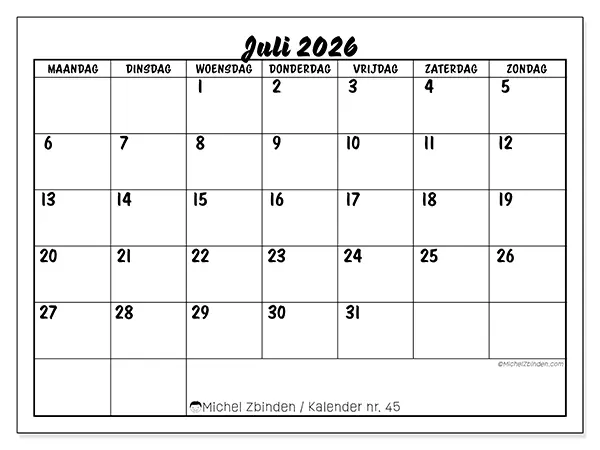 Kalender juli 2026 om af te drukken - Schoolsucces