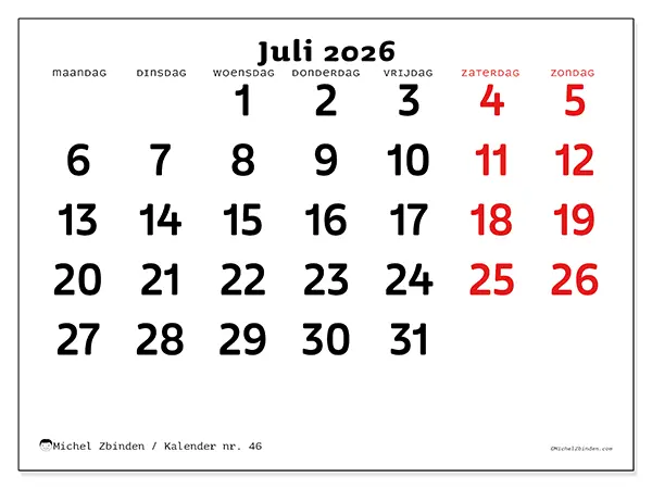 Kalender juli 2026 om af te drukken - Duidelijk overzicht