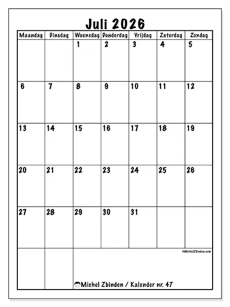 Kalender juli 2026 om af te drukken - Efficiënte planning