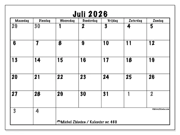Kalender juli 2026 om af te drukken - Volledige planning