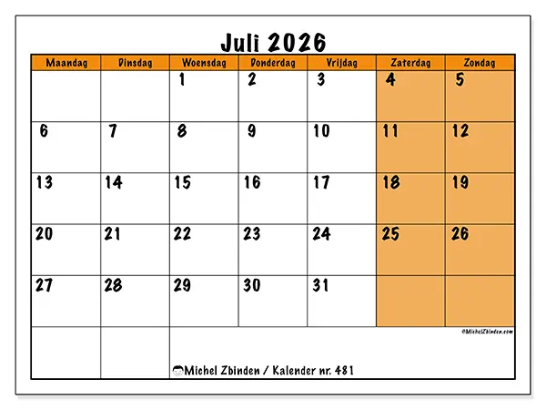 Kalender juli 2026 om af te drukken - Dynamische planning