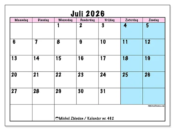 Kalender juli 2026 om af te drukken - Teamagenda
