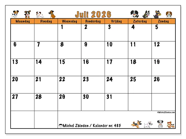 Kalender juli 2026 om af te drukken - Enthousiaste honden