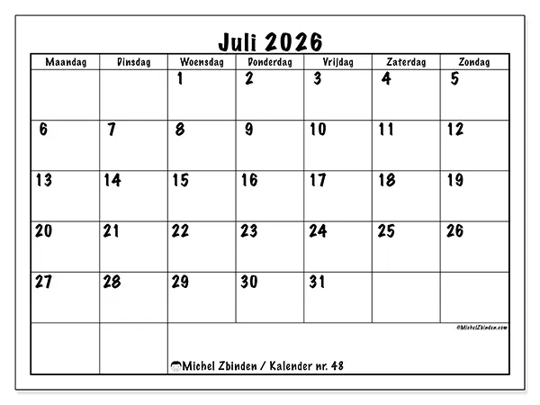 Kalender juli 2026 om af te drukken - Dagelijkse planning