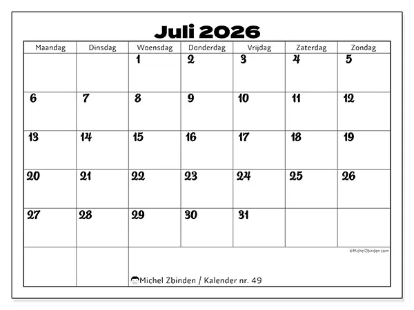 Kalender juli 2026 om af te drukken - Productieve coordinatie