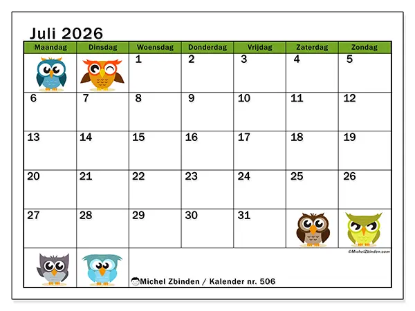 Kalender juli 2026 om af te drukken - Grappige uilen