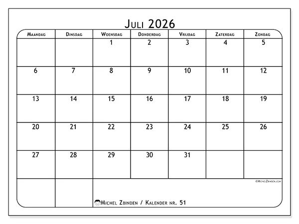 Kalender juli 2026 om af te drukken - Maaltijdplanner