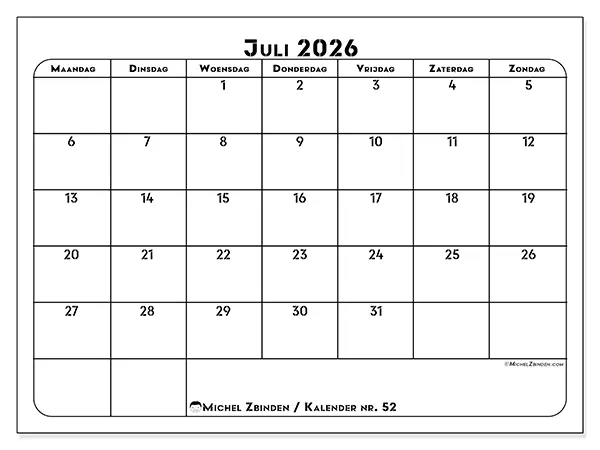 Kalender juli 2026 om af te drukken - Professionele organisatie