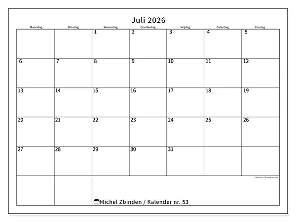 Kalender juli 2026 om af te drukken - Efficiënte agenda