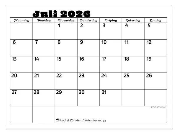 Kalender juli 2026 om af te drukken - Familieactiviteiten