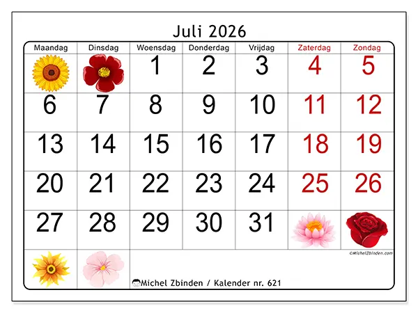 Kalender juli 2026 om af te drukken - Grote bloemen
