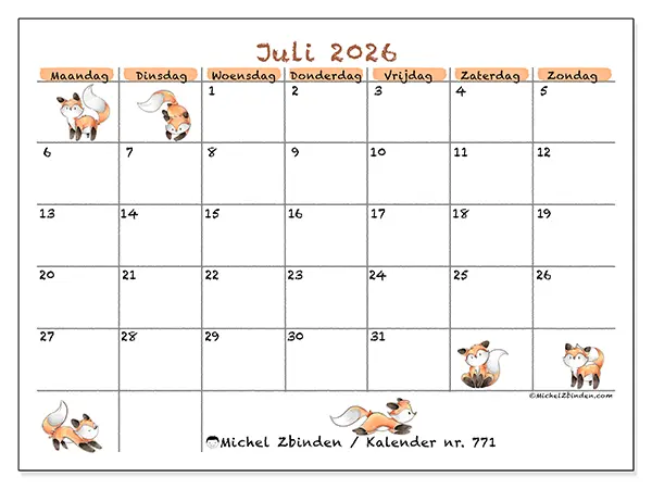 Kalender juli 2026 om af te drukken - Vossentekeningen