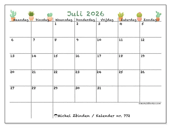 Kalender juli 2026 om af te drukken - Decoratieve cactus