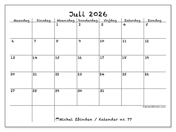 Kalender juli 2026 om af te drukken - School en familie