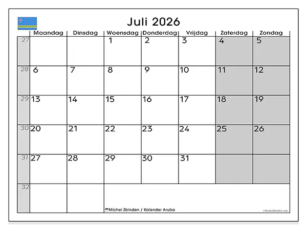 Kalender juli 2026 om af te drukken - Aruba