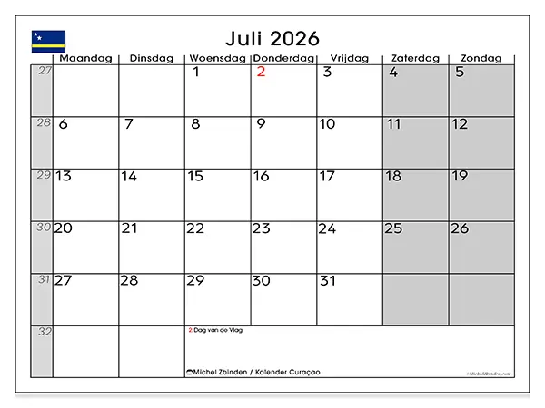 Kalender juli 2026 om af te drukken - Curaçao