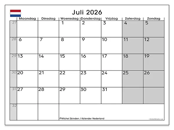 Kalender juli 2026 om af te drukken - Nederland