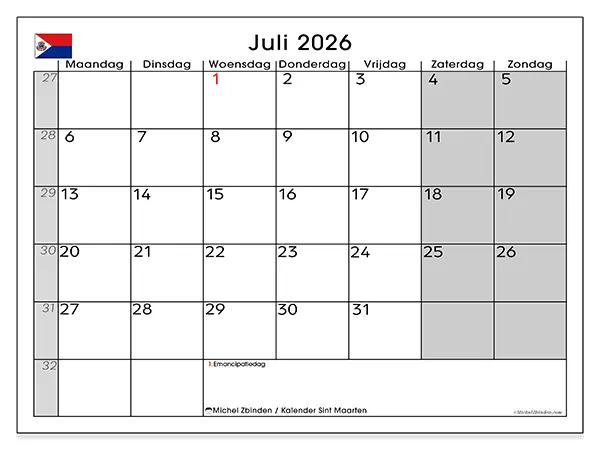 Kalender juli 2026 om af te drukken - Sint Maarten