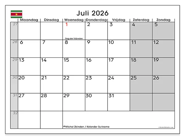 Kalender juli 2026 om af te drukken - Suriname