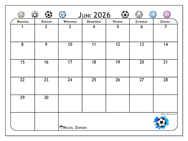 Kalender juni 2026 om af te drukken - Voetbalpassie