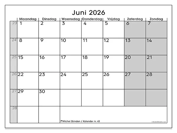 Kalender juni 2026 om af te drukken - Eenvoudig overzicht