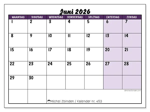 Kalender juni 2026 om af te drukken - Kleurrijke taken