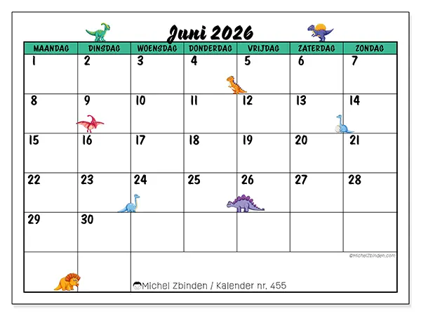 Kalender juni 2026 om af te drukken - Kleine dinosaurussen