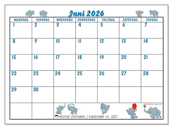 Kalender juni 2026 om af te drukken - Kleine olifanten