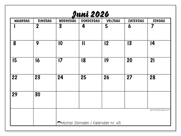Kalender juni 2026 om af te drukken - Schoolsucces