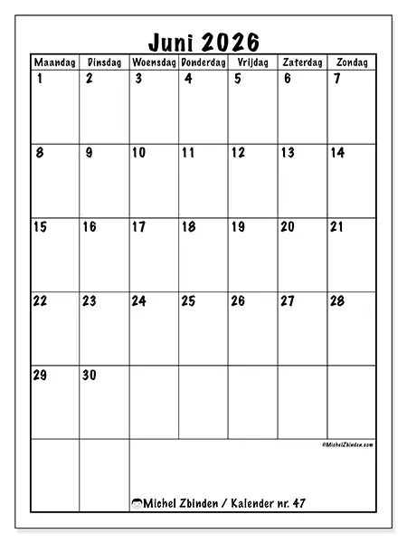 Kalender juni 2026 om af te drukken - Efficiënte planning