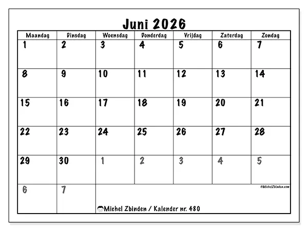 Kalender juni 2026 om af te drukken - Volledige planning