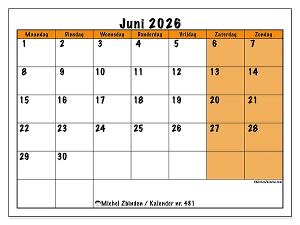 Kalender juni 2026 om af te drukken - Dynamische planning