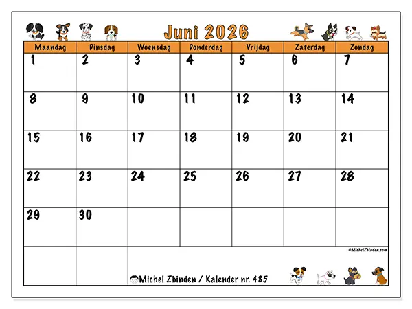 Kalender juni 2026 om af te drukken - Enthousiaste honden