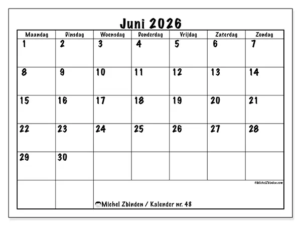 Kalender juni 2026 om af te drukken