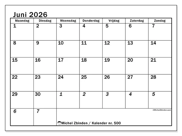 Kalender juni 2026 om af te drukken - Intensieve planning